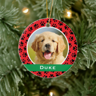 Red Pet Paw Prints Personalized Dog Name Photo Ceramic Ornament