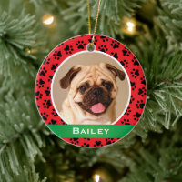 Red Pet Paw Prints Personalized Dog Name Photo Ceramic Ornament