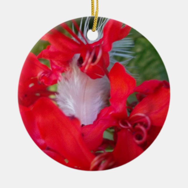 Red Petal Feather Art Print Ceramic Ornament (Front)