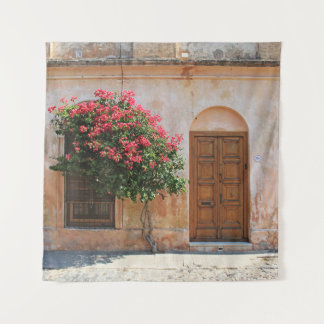 RED PETAL FLOWER ON CONCRETE WALL TAPESTRY
