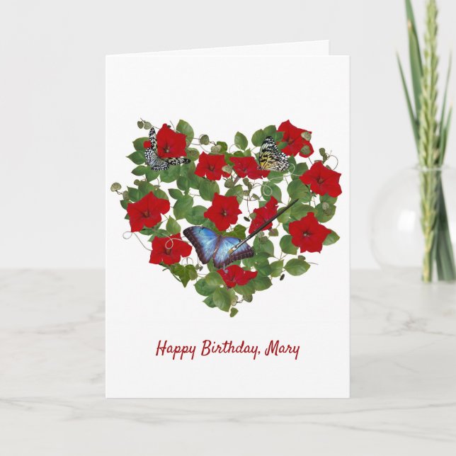 Red petunia and butterfly birthday with name card (Front)