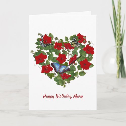 Red petunia and butterfly birthday with name card