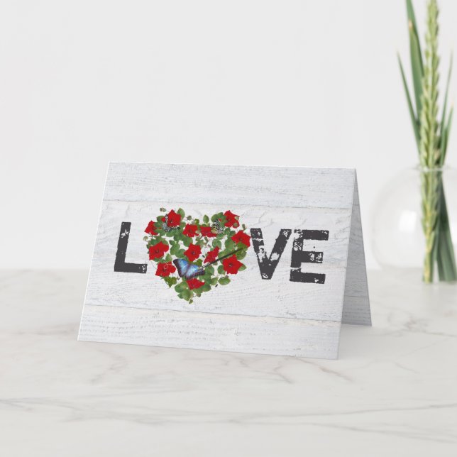 Red Petunia and Ivy Wedding Heart Card (Front)