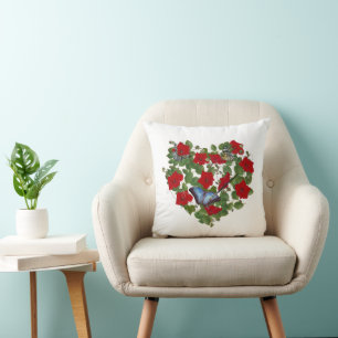 Red Petunia Heart With Butterflies Throw Pillow