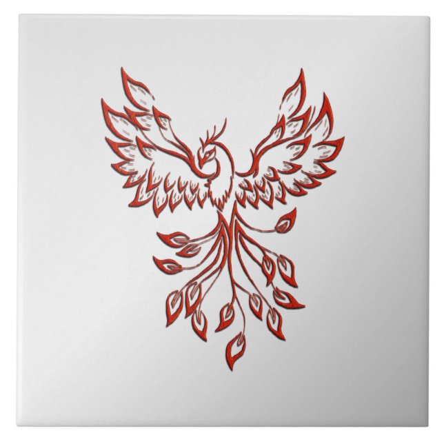 Red Phoenix Rises Silver Ceramic Tile (Front)