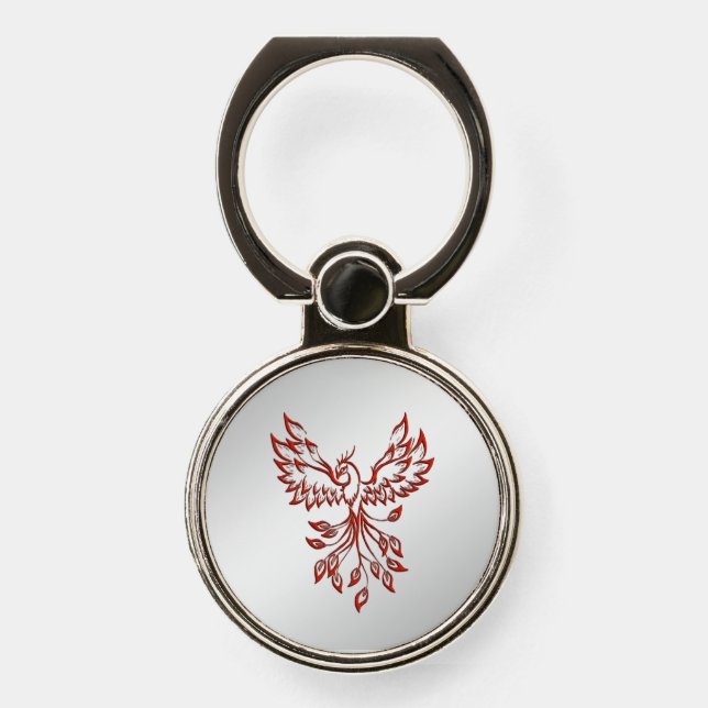 Red Phoenix Rises Silver Phone Ring Stand (Front)