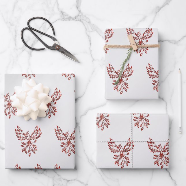 Red Phoenix Rises Silver Wrapping Paper Sheets (Front)