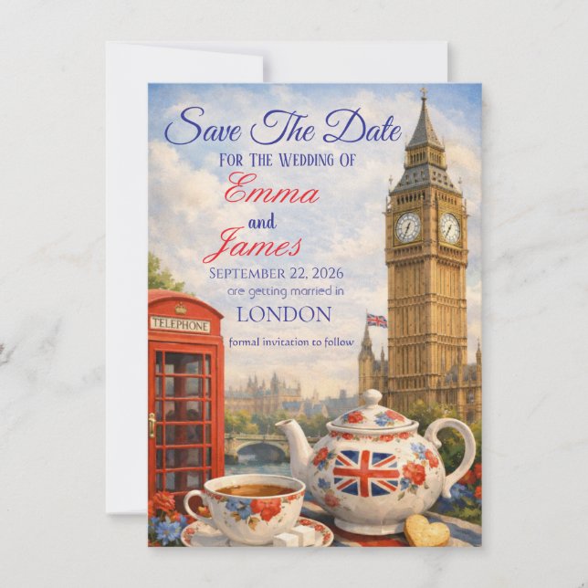 Red Phone Booth, Tea & Love Save The Date Card (Front)