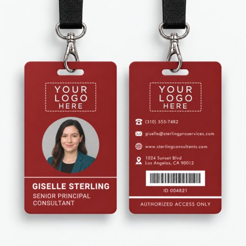 Red Photo Bar Code Name ID Badge Employee Logo