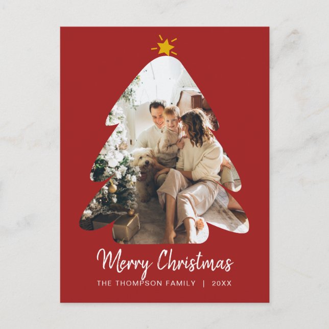 Red Photo Christmas Tree Merry Christmas Script Postcard (Front)