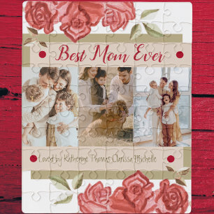 Red Photo Collage Best Mom Ever Modern Mothers Day Jigsaw Puzzle