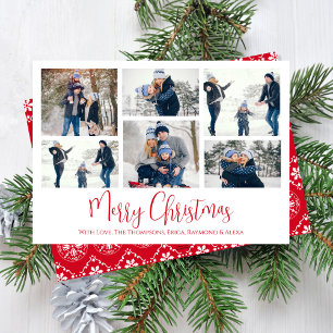 Red Photo Collage Merry Christmas Snowflake Holiday Card