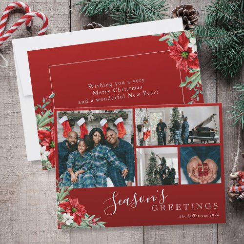 Red Photo Collage Seasons Greetings Christmas Holiday Card