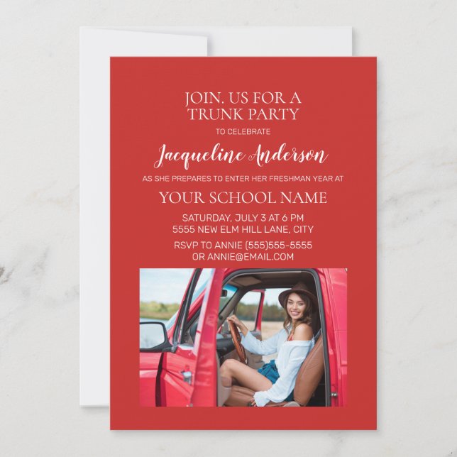 Red Photo College Trunk Party Dorm Shower Invitation (Front)