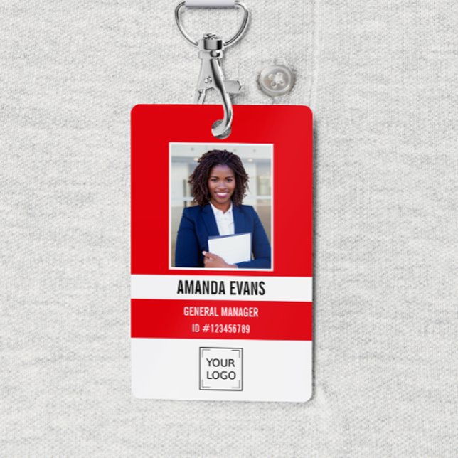 RED | Photo Employee Logo or QR CODE Security Badge (Red and white Employee ID security badge with photo, name, job title and corporate logo or QR CODE)