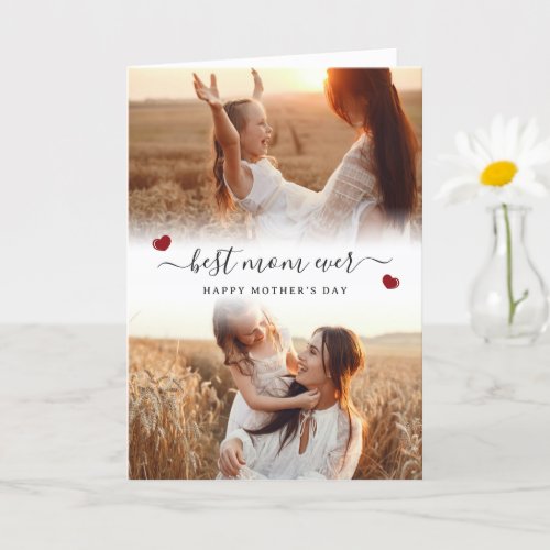 Red Photo Floral Script Happy Mothers Day Card