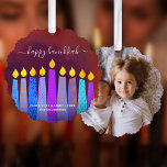 Red Photo Hanukkah Menorah Candles Modern Boho Ornament Card<br><div class="desc">“Happy Hanukkah.” A playful, modern, artsy illustration of boho pattern candles and handwritten calligraphy script help you usher in the holiday of Hanukkah in style. Assorted blue boho candles with colorful faux foil patterns overlay a rich, brick red textured background on the front. Your favorite photo adorns the back. Feel...</div>