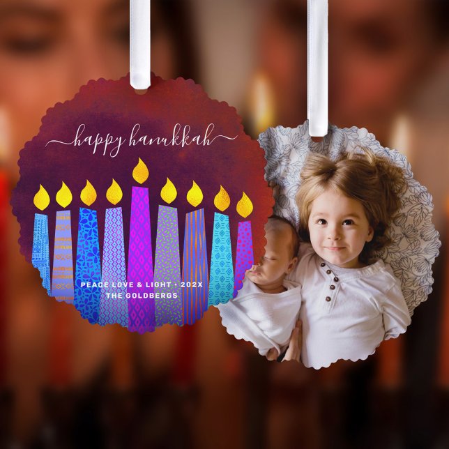 Red Photo Hanukkah Menorah Candles Modern Boho Ornament Card (Creator Uploaded)