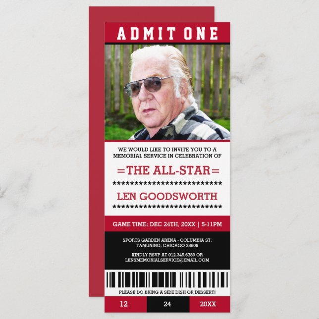 Red Photo Memorial Service Ticket Invitations (Front/Back)