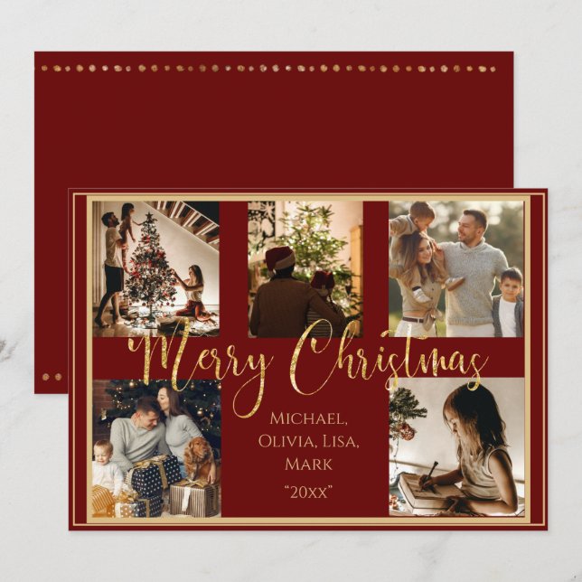 Red Photo Merry Christmas Gold Script Holiday Card (Front/Back)