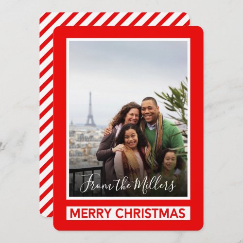 Red Photo Merry Christmas Modern Diagonal Lines Holiday Card