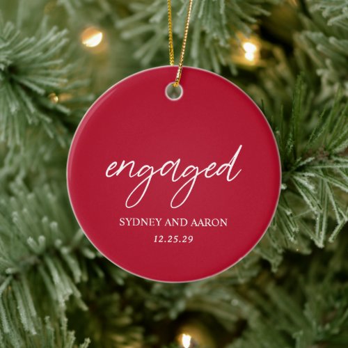 Red Photo Modern First Christmas Engaged Ceramic Ornament