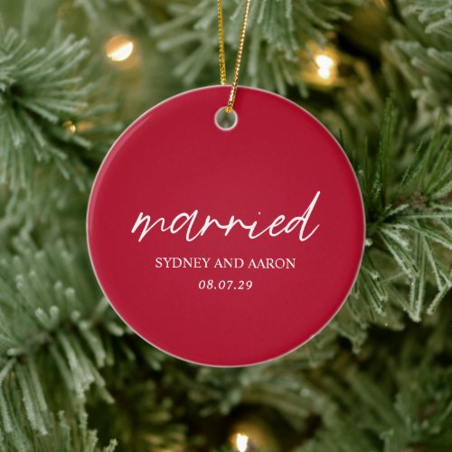 Red Photo Modern First Christmas Married Ceramic Ornament