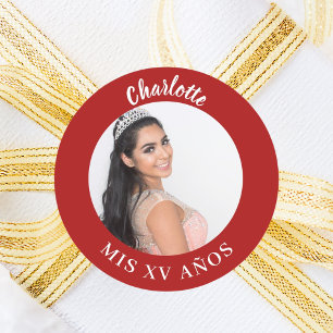 Red photo name Quinceanera Classic Round Sticker