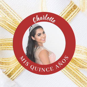 Red photo name Quinceanera Mis Quince Años Classic Round Sticker