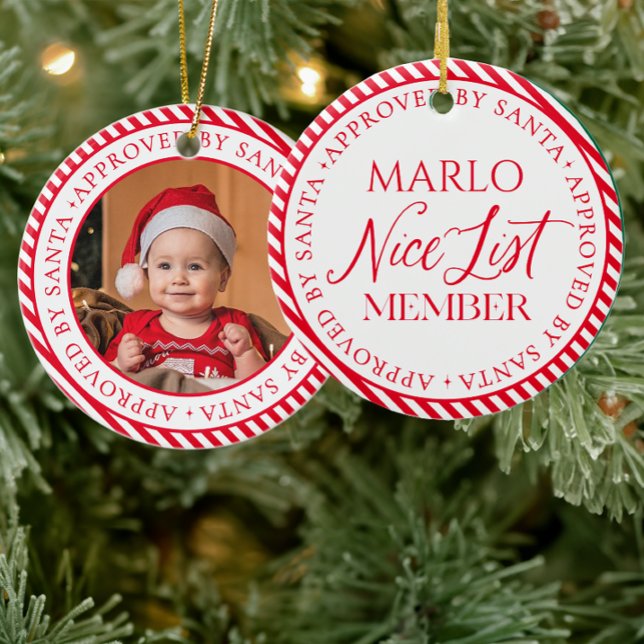 Red Photo Santa's Nice List Member Christmas Ceramic Ornament (Creator Uploaded)