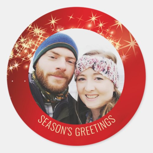 Red Photo Seasons Greetings Classic Round Sticker