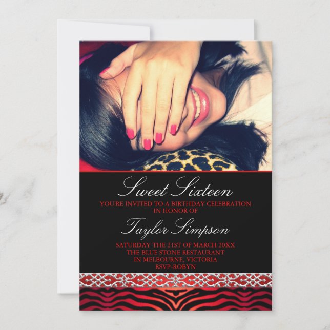 Red Photo Zebra Print Sweet16 Birthday invite (Front)