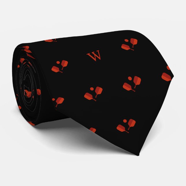 Red Pickleball Paddles Ball Monogram Initial Black Neck Tie (Rolled)