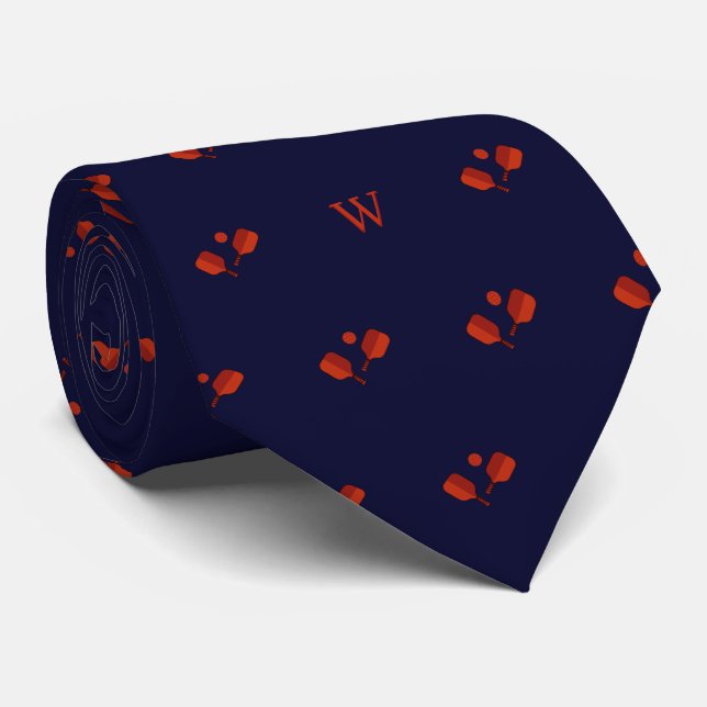 Red Pickleball Paddles Ball Monogram Initial Blue Neck Tie (Rolled)
