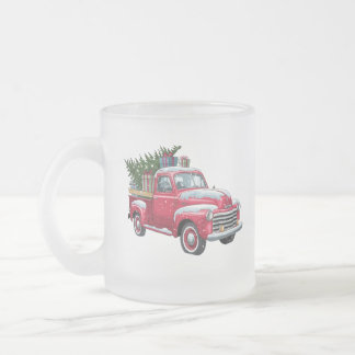 Red Pickup and Christmas Tree Frosted Glass Coffee Mug
