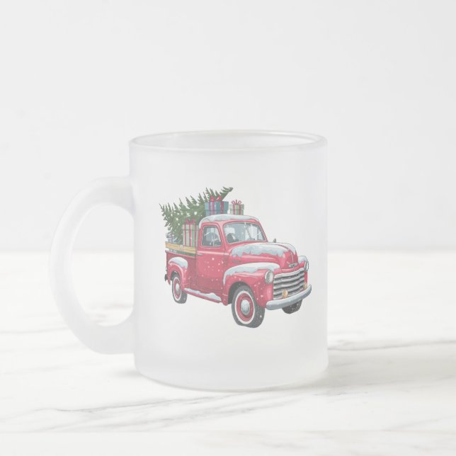 Red Pickup and Christmas Tree Frosted Glass Coffee Mug (Left)