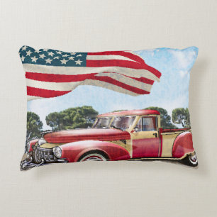 Red Pickup Truck: American Flag Vintage Accent Pillow