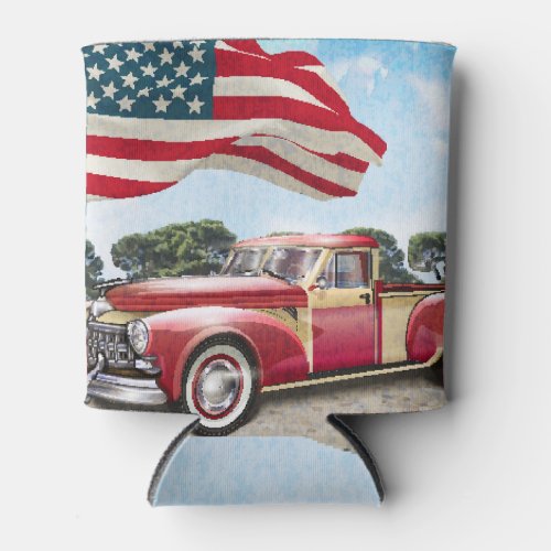 Red Pickup Truck American Flag Vintage Can Cooler
