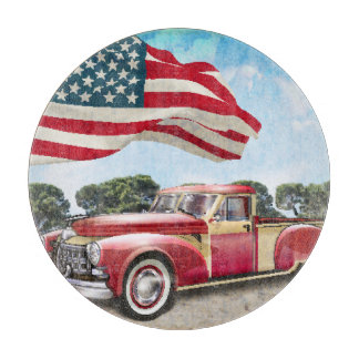 Red Pickup Truck: American Flag Vintage Cutting Board