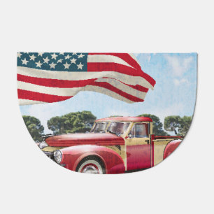 Red Pickup Truck: American Flag Vintage Doormat