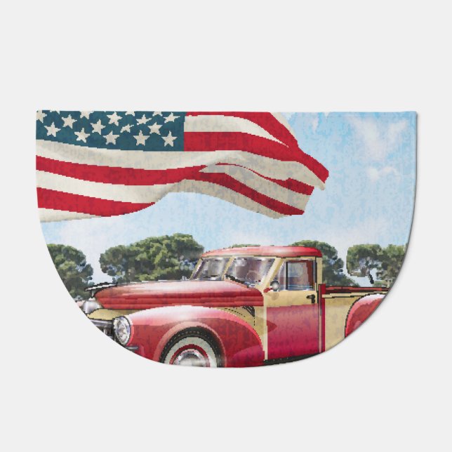 Red Pickup Truck: American Flag Vintage Doormat (Front)