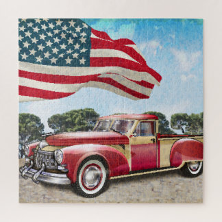 Red Pickup Truck: American Flag Vintage Jigsaw Puzzle