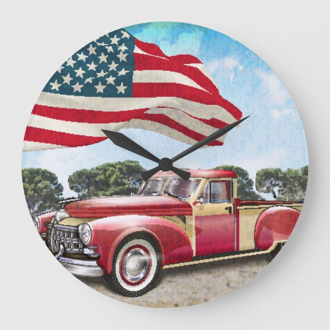 Red Pickup Truck: American Flag Vintage Large Clock (Front)