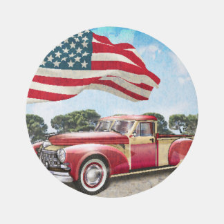 Red Pickup Truck: American Flag Vintage Rug