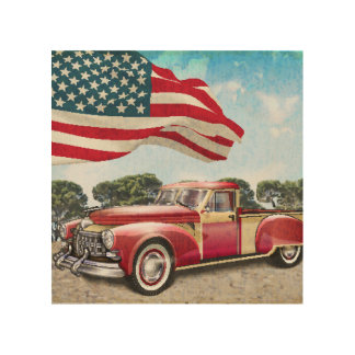 Red Pickup Truck: American Flag Vintage Wood Wall Art