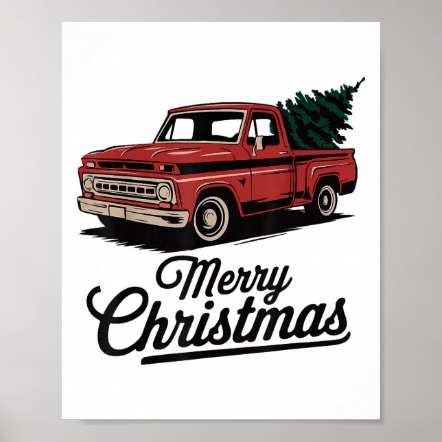 Red Pickup Truck Christmas Tree Vintage Christmas  Poster (Front)