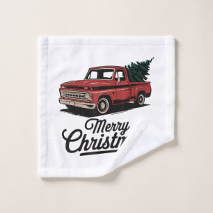 Red Pickup Truck Christmas Tree Vintage Christmas Wash Cloth