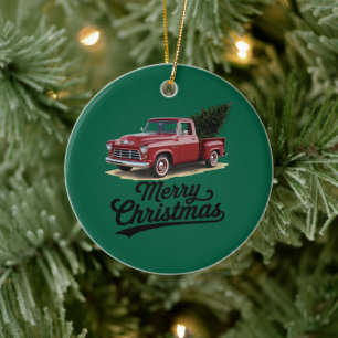 Red Pickup Truck Christmas Tree Vintage Xmas Ceramic Ornament