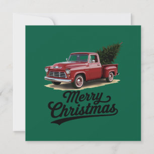 Red Pickup Truck Christmas Tree Vintage Xmas Holiday Card