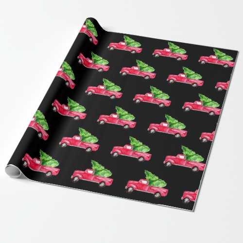 Red Pickup Truck Christmas Tree Watercolor Cute Wrapping Paper